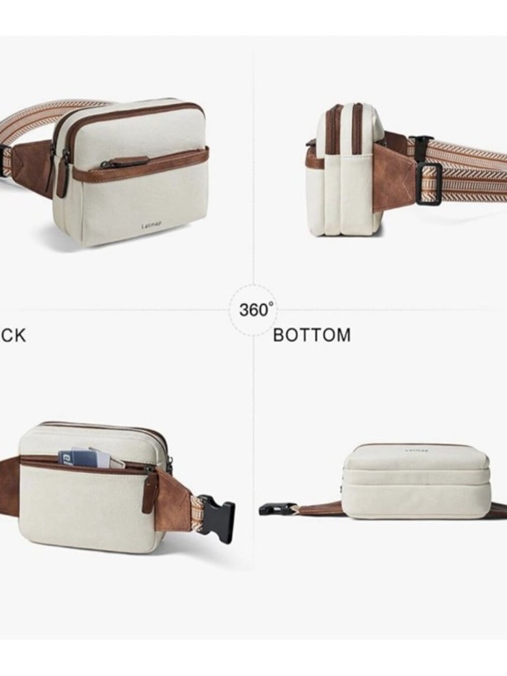 LATMAP Faux Leather Belt Bag Fanny Pack 3L Crossbody Sling Cream Brown NWT - Picture 2 of 4